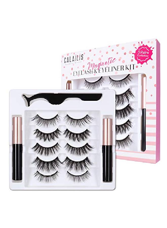 Magnetic False Eyelash And Magnetic Eyeliner Kit Eye Makeup Waterproof Liquid Eye Liner 3D Faux Mink Eye Lashes Natural Reusable Lashes 5 Pairs Free Applicator(Cy05)