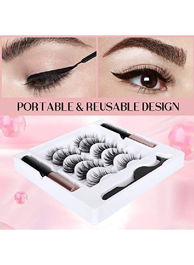 Magnetic False Eyelash And Magnetic Eyeliner Kit Eye Makeup Waterproof Liquid Eye Liner 3D Faux Mink Eye Lashes Natural Reusable Lashes 5 Pairs Free Applicator(Cy05)