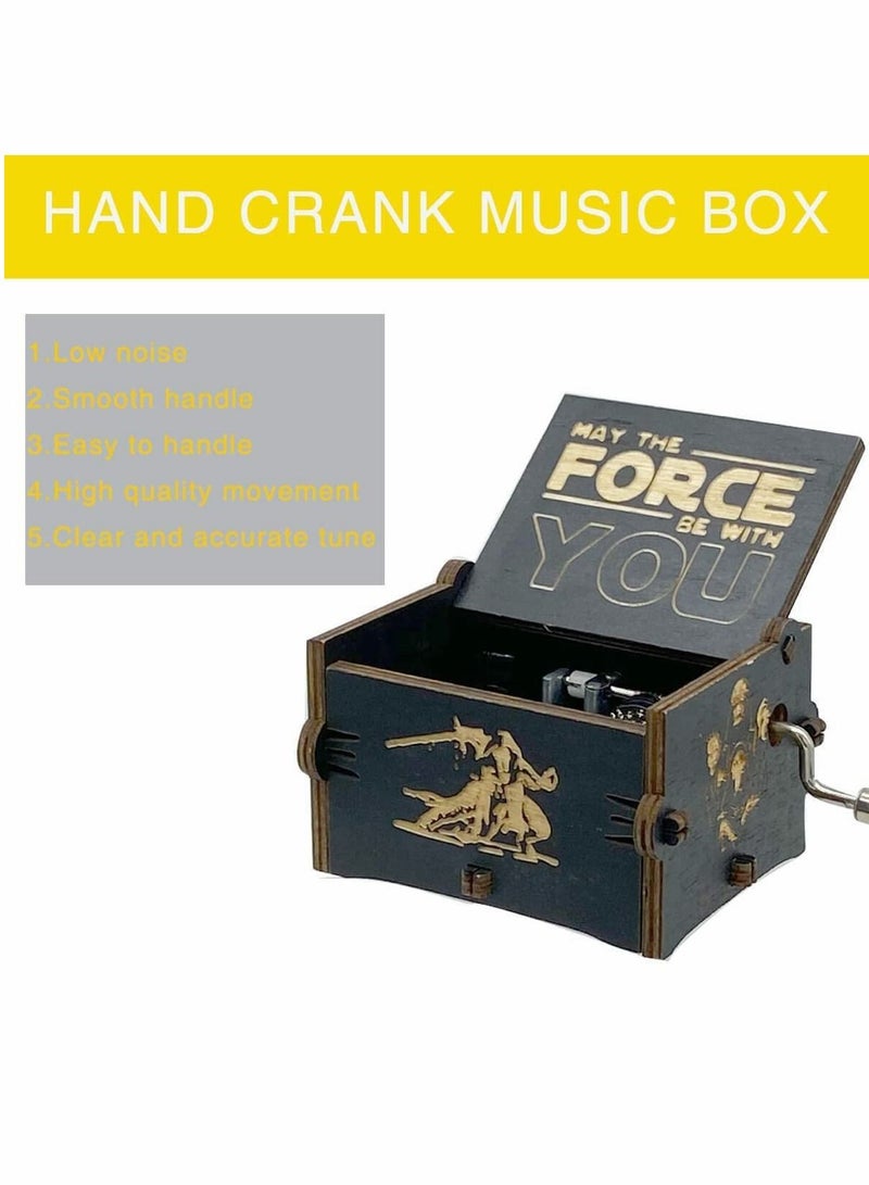 Star Wars Music Box, Wooden Hand Crank Unique Musical Boxes Theme Starwars, Mini Antique Vintage Craft Laser Engraved Home Decorations for Wedding, Valentines, Birthday Gifts, Vintage Wooden (Black)