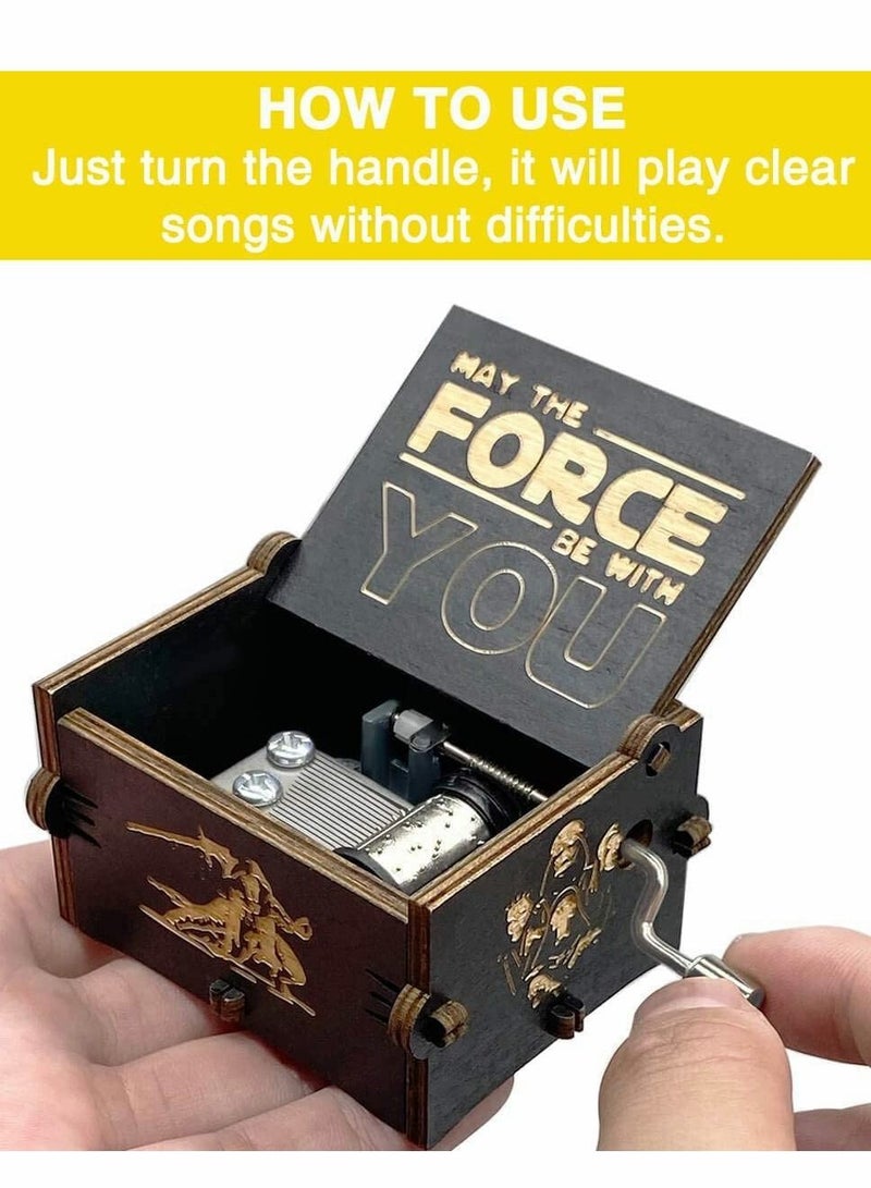 Star Wars Music Box, Wooden Hand Crank Unique Musical Boxes Theme Starwars, Mini Antique Vintage Craft Laser Engraved Home Decorations for Wedding, Valentines, Birthday Gifts, Vintage Wooden (Black)