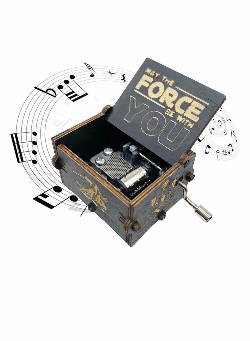 Star Wars Music Box, Wooden Hand Crank Unique Musical Boxes Theme Starwars, Mini Antique Vintage Craft Laser Engraved Home Decorations for Wedding, Valentines, Birthday Gifts, Vintage Wooden (Black)