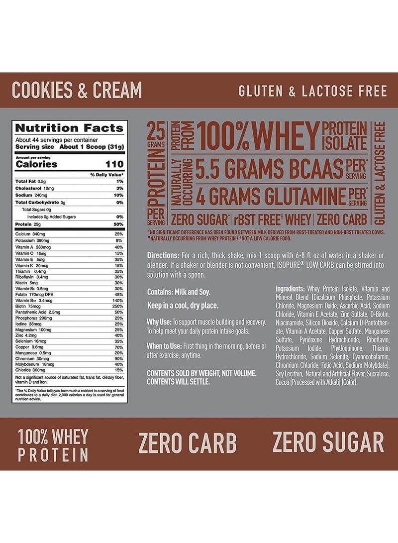 Zero Carb Whey Protein Isolate Powder With Vitamin C & Zinc For Immune Support, 25g Protein, & Keto Friendly - Cookies & Cream, (1.36 KG)