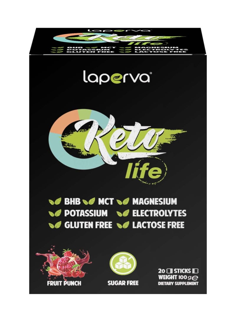 Keto Life Electrolytes Drink - Fruit Punch Flavor, 20 Sticks-20X5gm, Keto-Friendly, Vegan, Rich in Electrolytes, MCTs, and BHB for Increasing Energy, Activity, and Focus,Suitable for Low Carb Dieters