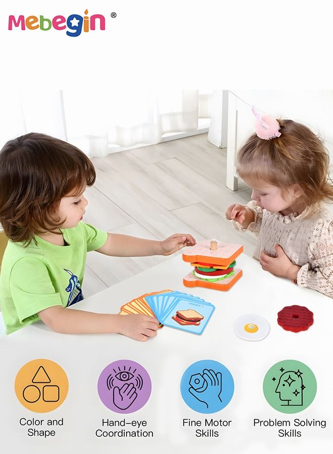 Wooden Sandwich and Hamburger Making Set, Hamburgers and Sandwiches Building Blocks, Kitchen Play House Games， Colorful Creative Kitchen Toy, Imagination- and Creativity-sparking Toys, Ideal Gift for Kids Aged 36 Months＋