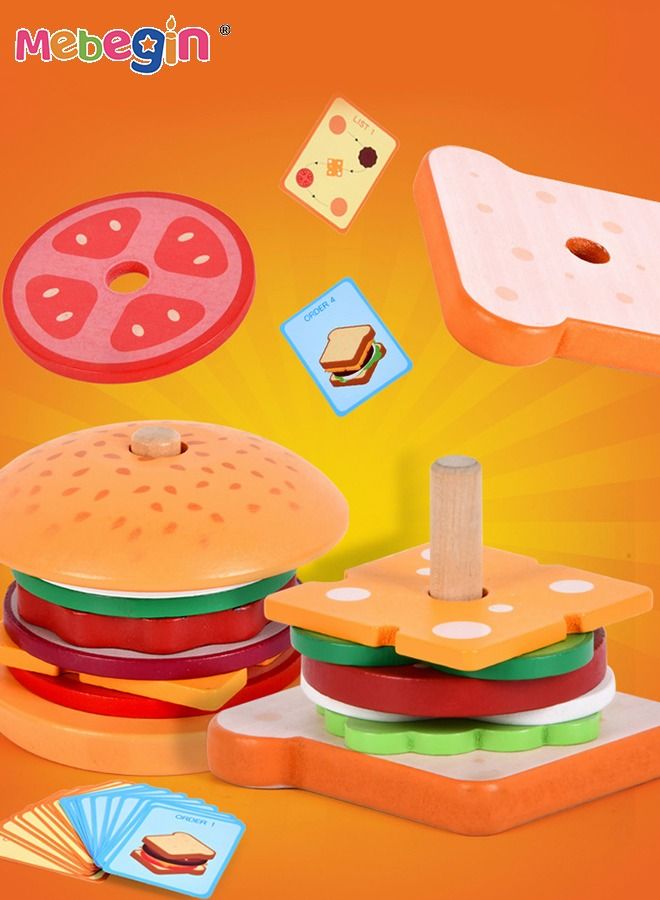 Wooden Sandwich and Hamburger Making Set, Hamburgers and Sandwiches Building Blocks, Kitchen Play House Games， Colorful Creative Kitchen Toy, Imagination- and Creativity-sparking Toys, Ideal Gift for Kids Aged 36 Months＋