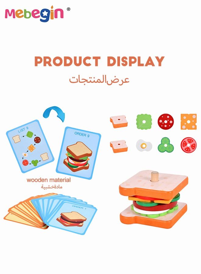 Wooden Sandwich and Hamburger Making Set, Hamburgers and Sandwiches Building Blocks, Kitchen Play House Games， Colorful Creative Kitchen Toy, Imagination- and Creativity-sparking Toys, Ideal Gift for Kids Aged 36 Months＋