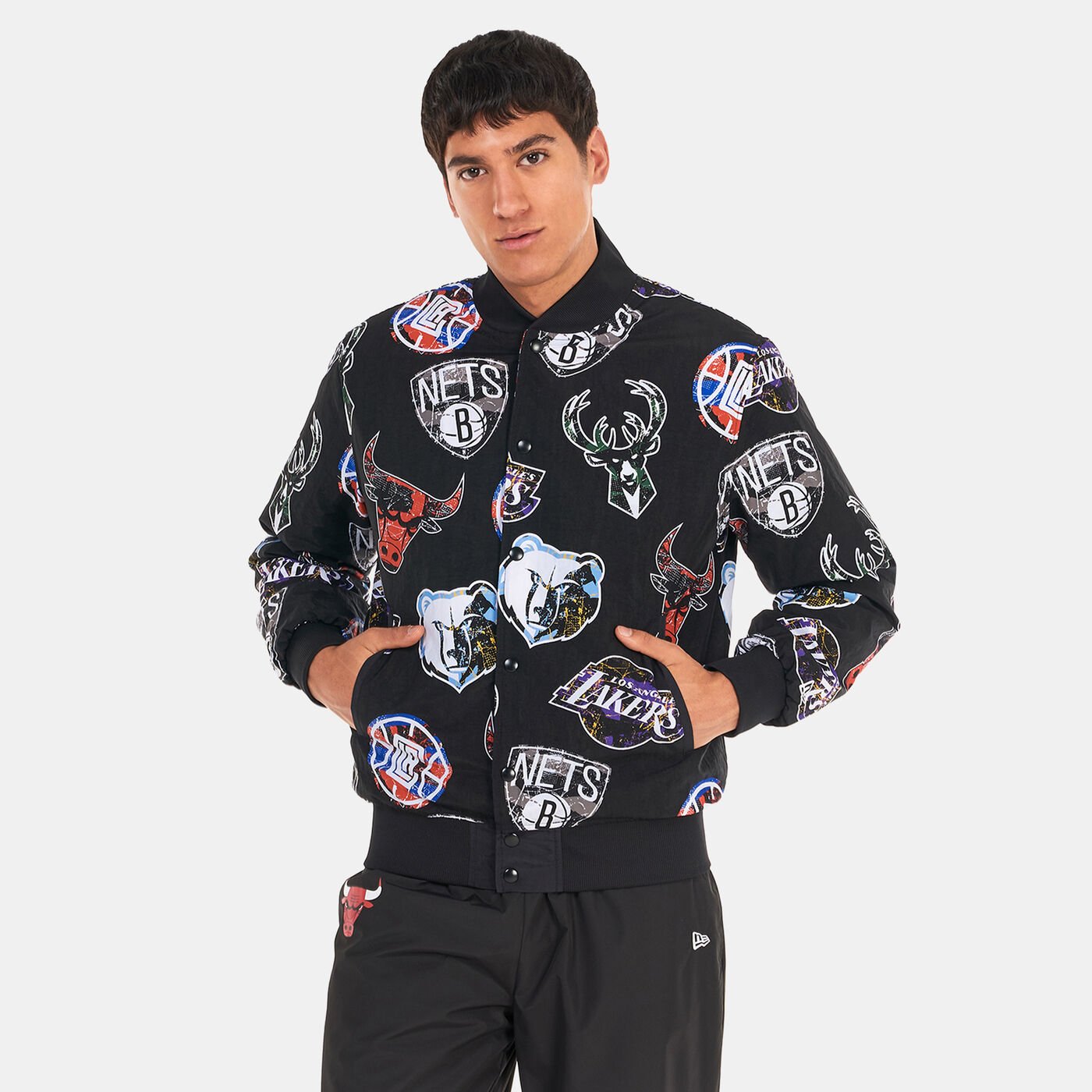 Allover Print NBA Logo Bomber Jacket