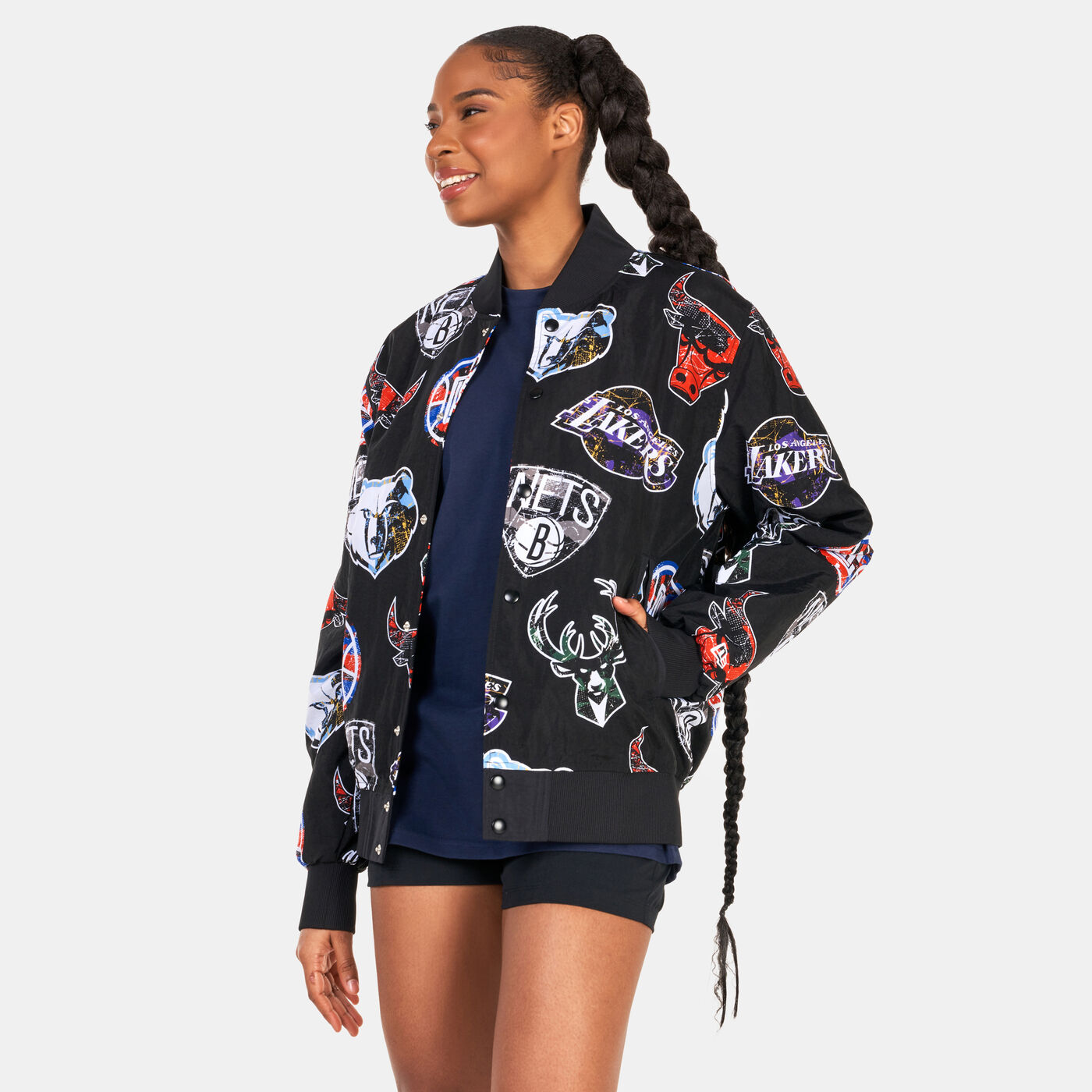 Allover Print NBA Logo Bomber Jacket