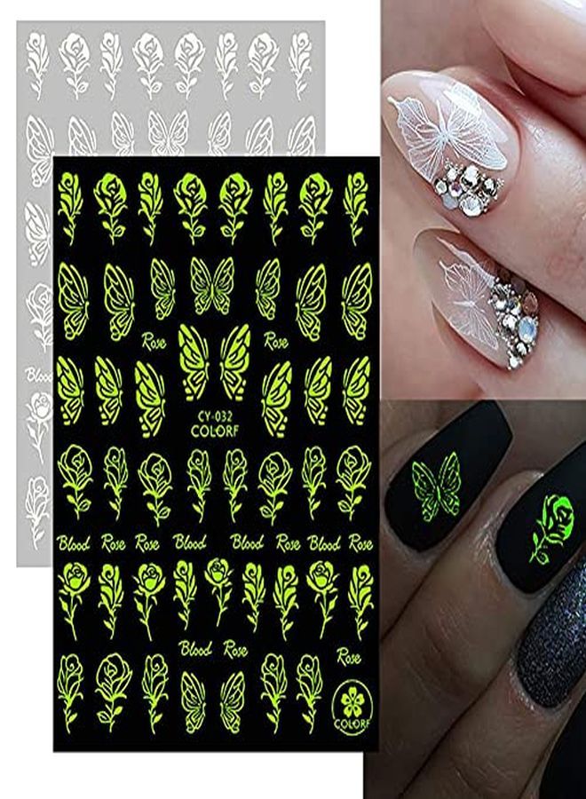 Luminous Nail Art Stickers, 6 Sheets Glow In The Dark 3D Nail Decals For Nail Art Butterfly Flowers Designer Stickers Self-Adhesive Nails Art