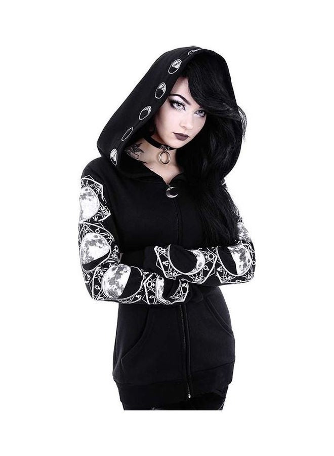 Zipper Pockets Moon Print Hoodie Black/White