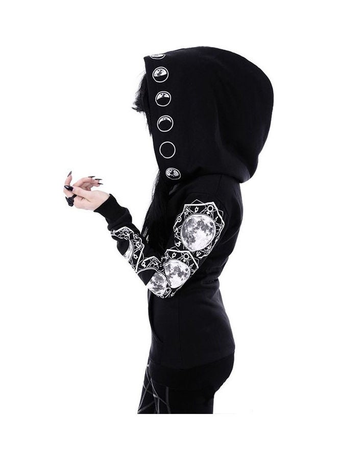 Zipper Pockets Moon Print Hoodie Black/White