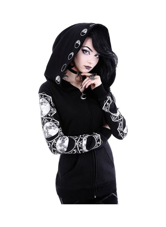 Zipper Pockets Moon Print Hoodie Black/White