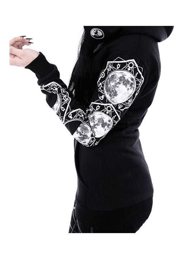 Zipper Pockets Moon Print Hoodie Black/White