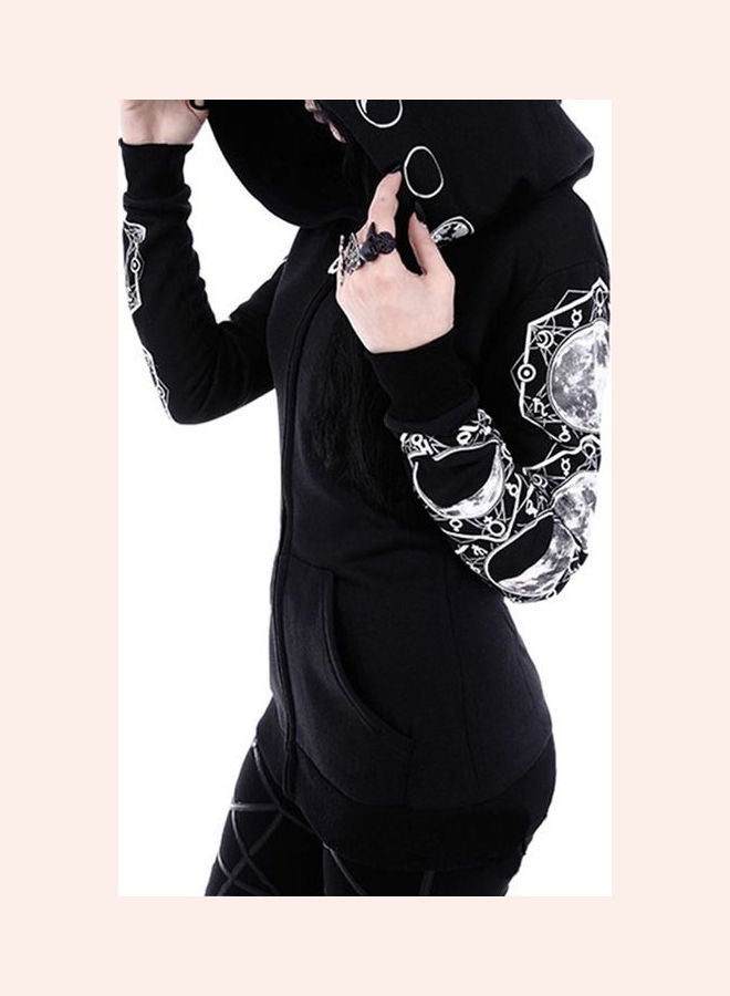 Zipper Pockets Moon Print Hoodie Black/White