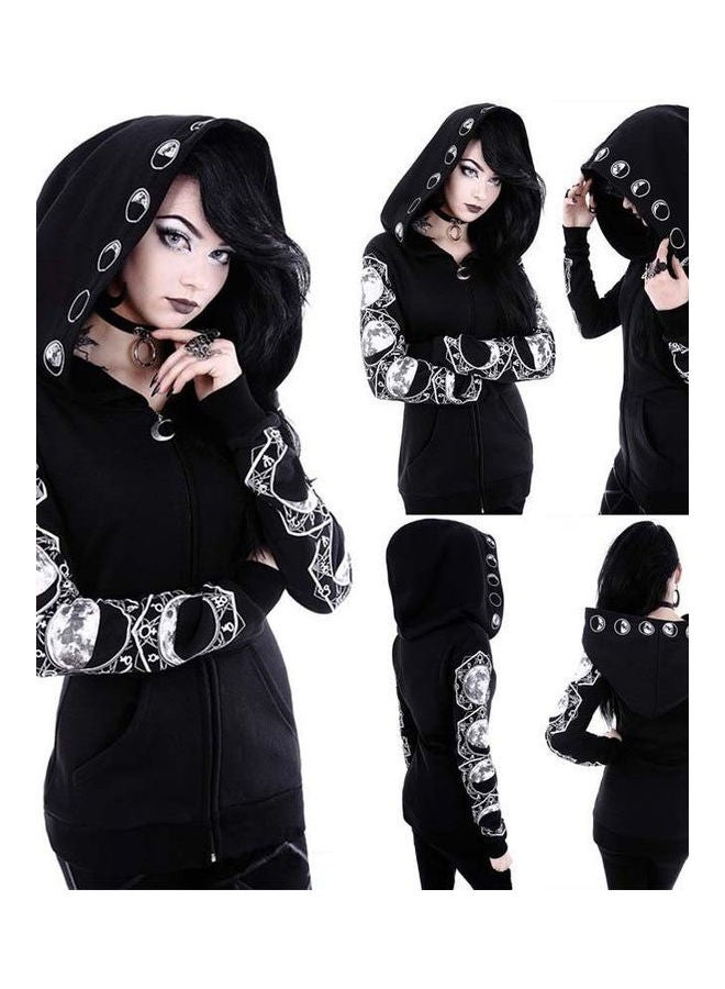 Zipper Pockets Moon Print Hoodie Black/White