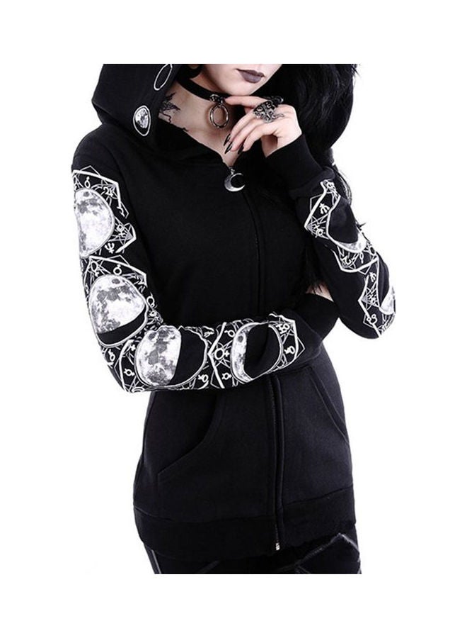 Zipper Pockets Moon Print Hoodie Black/White