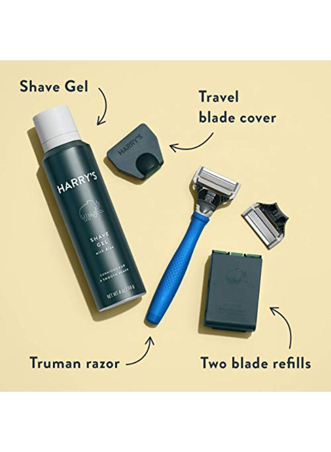 Razors For Men - Shaving Kit For Men Includes A Mens Razor Handle, 3 Razor Blade Refills, Travel Blade Cover, And 4 Oz Shave Gel (Indigo Blue)