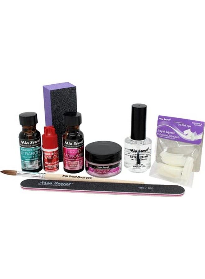 Pink Acrylic Powder Professional Full Nail Kit 05 Contents: Liquid Monomer Pink Powder Primer Nail Glue Top Coat 20 Nail Tips Nail Brush Emery Block Nail File