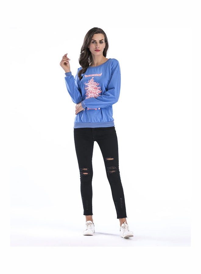 Printed Long Sleeves Sweater Blue
