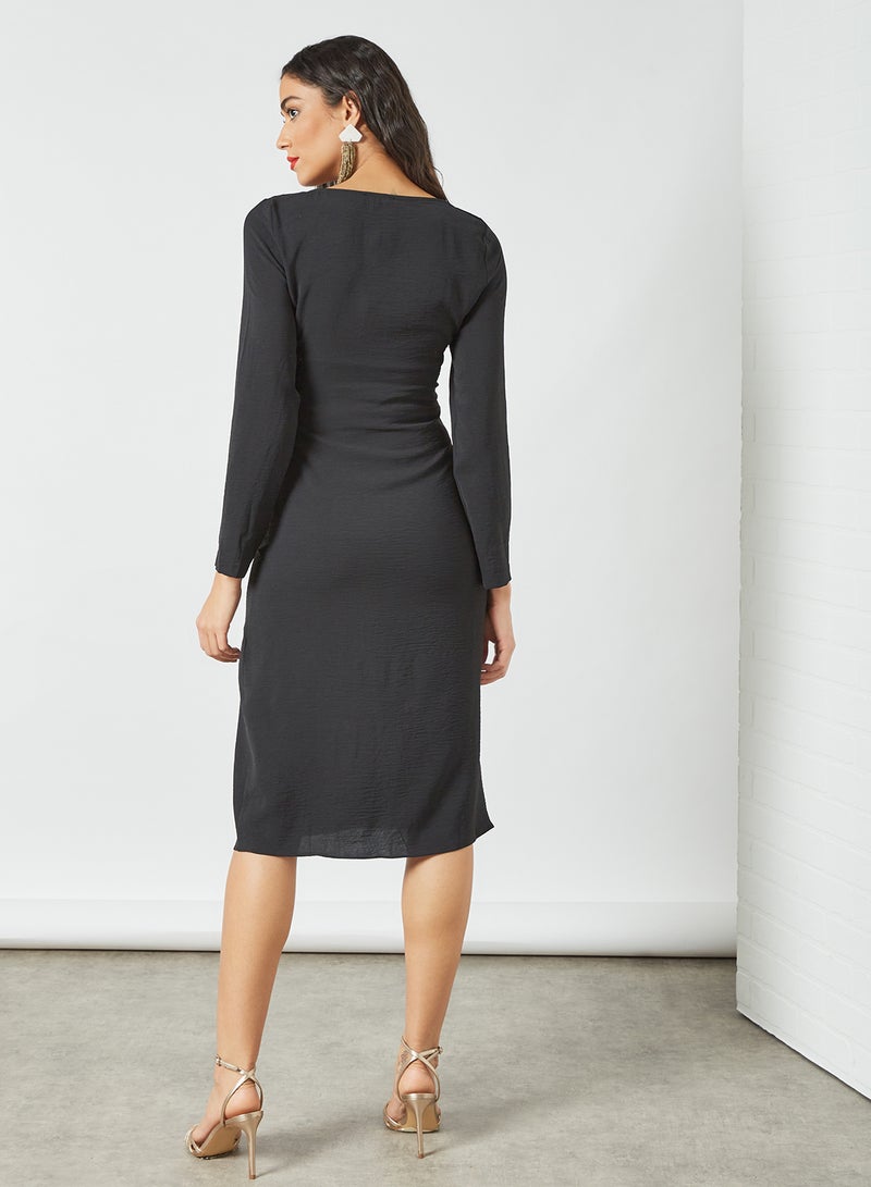 Square Neck Slit Hem Dress Black