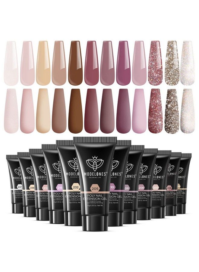 Poly Extension Gel Kit For Nail 12 Colors Pink Nude Tones Poly Nail Gel Set Builder Nail Extension Gel Glitter Fall Winter Gentle Colors French Manicure Diy Design Nail Art