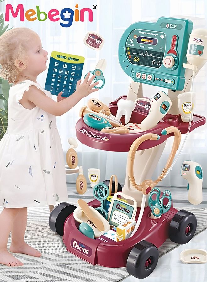 24 Pcs Doctor Playset Pretend Toys Medical Kit Toy Cart with Stethoscope and Toy Accessorie Mobile Cart Toy Medical Kit for Kids Role Play Gift For Toddlers