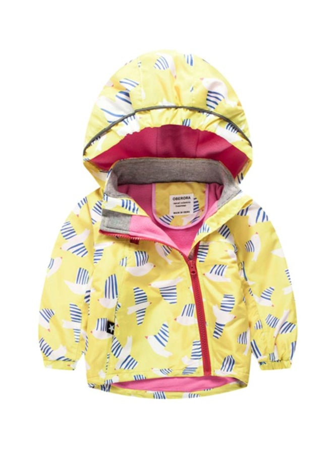 Birds Printed Zipper Hooded Neck Jacket Yellow/White/Blue