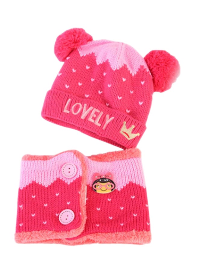 Lovely Warm Knitted Beanie With Scarf Rose Red/Pink