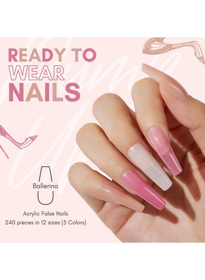 Press On Nails，Soak Off Soft Gel Nail Tips 240Pcs Ballerina Acrylic Nail Kit Nail Tips Full Cover Nude 4Pcs Nail Glues 1Pcs Nail File With Case False Nail Kit Nail Pumpups In Bachelorette