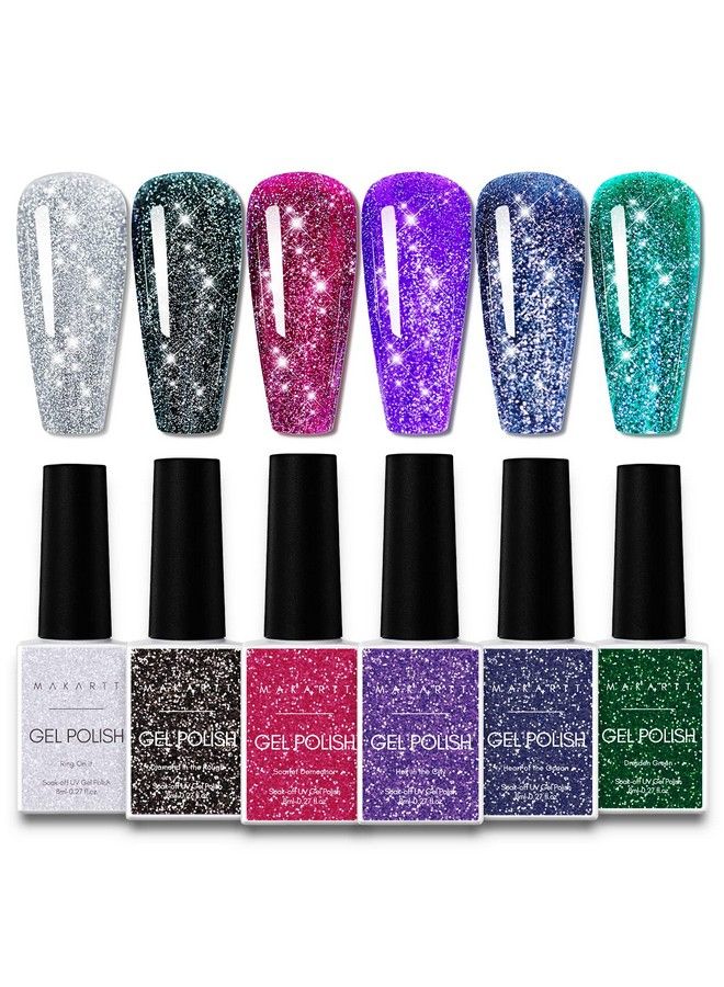 Gel Nail Polish Set 6 Colors Reflective Glitter Gel Nail Polish Kit Red Black Purple Fall Color Soak Off Sparkle Shiny Disco Nail Gel Polish Nail Art Salon Diy At Home Gift For Women 8Ml