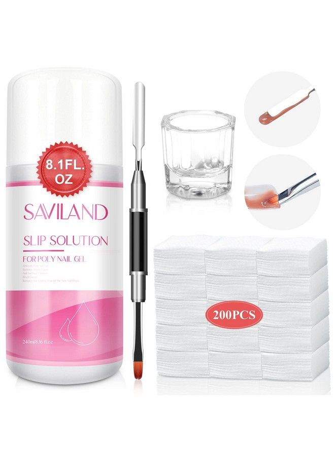 Slip Solution Nail Kit240Ml Slip Solution For Poly Gel Antistick Solution Liquid With Nail Art Brush 200Pcs Cleaning Pads Dappen Dish French Manicure Kit For Salon Use Home Diy