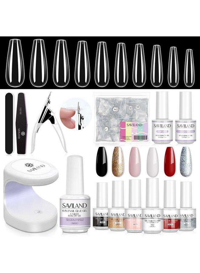 Nail Tip And Glue Gel Kit With Gel Nail Polish  240Pcs Long Coffin Gel Nail Tip Nail Glue Gel Base & Top Coat Gel Nail Polish And Nail Lamp Allinone Starter Acrylic Nail Extensions Kit