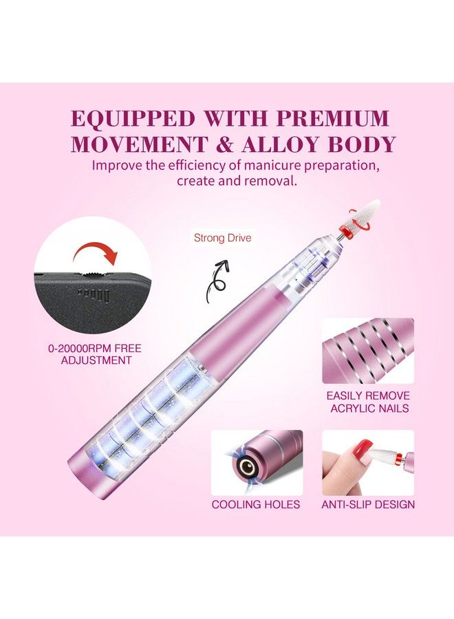 Nail Drill For Acrylic Nails Professional  Electric Nail Drill Kit With 12 Nail Drill Bits For Manicure & Pedicure Polishing Removing Nail Artcuticledead Skin Home Salon Pink 20000Rpm