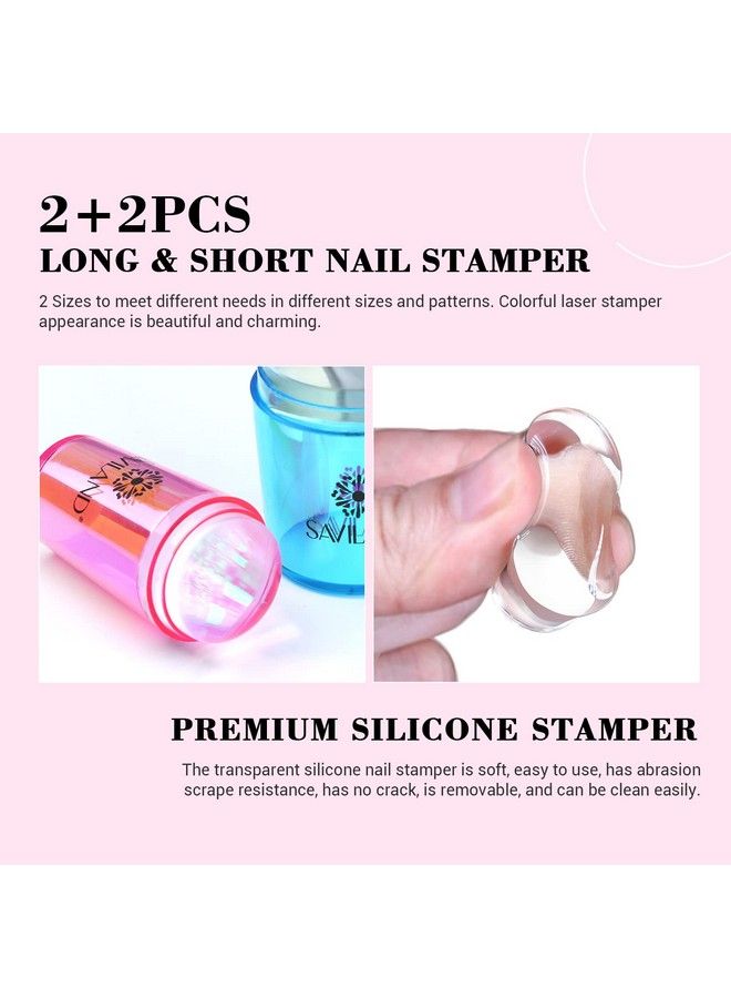 French Tip Nail Stamp 18Pcs Clear Silicone Nail Stamping Nail Art Stamper Kit Blue+Pink Radium Long & Short Jelly Stamper With Scrapers Nail Stamper Kit For French Manicure