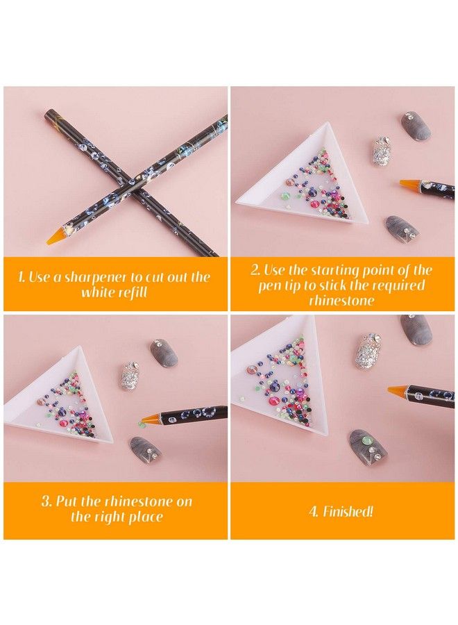 10 Piece Rhinestone Picker Pencil Nail Dotting Wax Pen Self Adhesive Resin Picker Pencil Gem Pick Up Tool With 5 Piece Plastic White Bead Sorting Tray Triangular Plate For Nail Design Diy Decoration