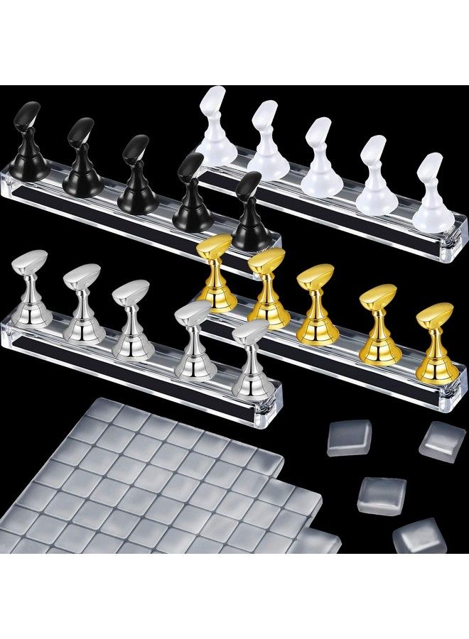 4 Set Nail Tips Holders Magnetic Acrylic Nail Practice Stands Fingernail Display Stands Manicure Training Holder And 126 Pieces Clear Reusable Sticky Clay Adhesive Putty (Gold Silver Black White)