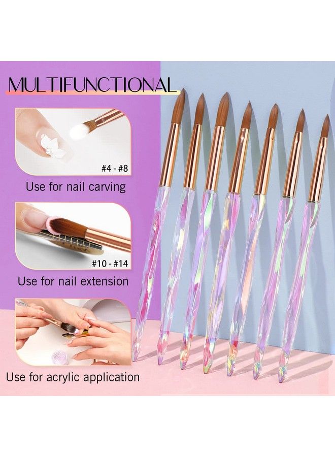 Kolinsky Acrylic Nail Brush Set 7Pcs Acrylic Nail Brushes For Acrylic Application Professional Crystal Pink Acrylic Powder Brush For Acrylic Nails Extension & Carving Size 46810121416