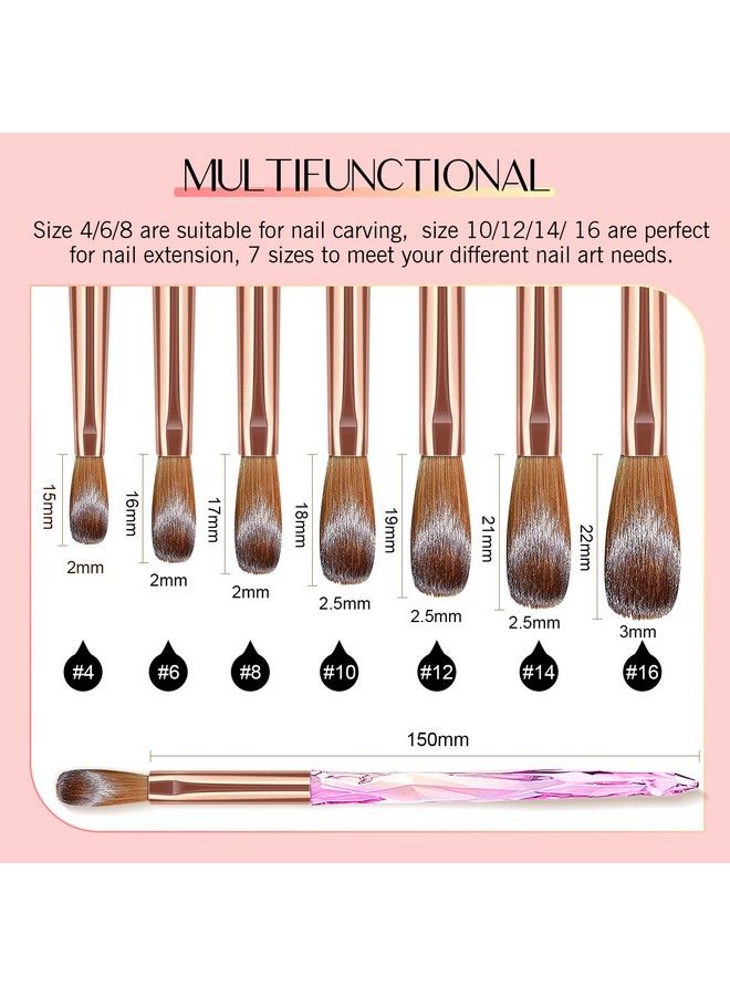 Kolinsky Acrylic Nail Brush Set 7Pcs Acrylic Nail Brushes For Acrylic Application Professional Crystal Pink Acrylic Powder Brush For Acrylic Nails Extension & Carving Size 46810121416