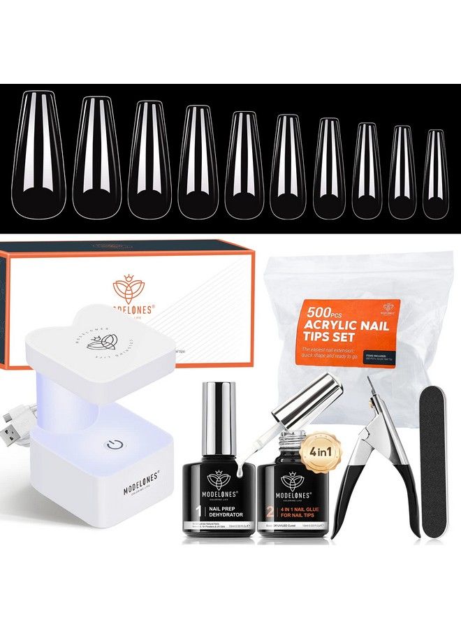 Nail Tips And Glue Gel Kit Gel X Nail Kit 4 In 1 Nail Glue Gel Ultraportable Led Nail Lamp With 500Pcs Coffin Nail Nail Prep Dehydrate And Diy Nail Art Tools Gel Nail Extension Kit