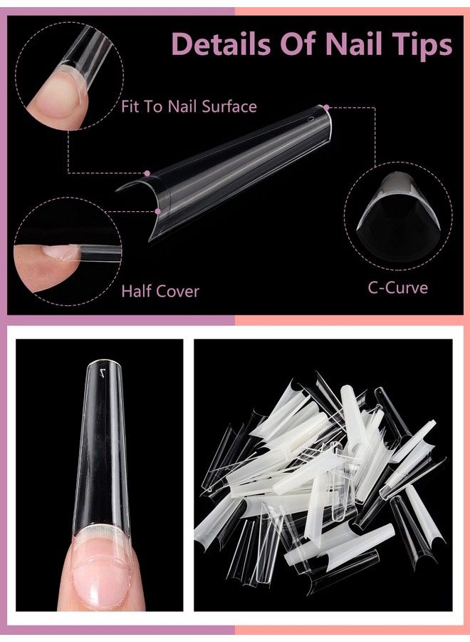 480Pcs Xxl Coffin Nails Tips Extra Long Acrylic Nails Natural & Clear Nail Tips For Acrylic Nails Professional Nail Tech 12 Sizes Half Cover Nail Tips And Glue With Boxes
