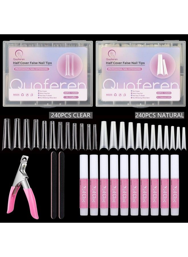 480Pcs Xxl Coffin Nails Tips Extra Long Acrylic Nails Natural & Clear Nail Tips For Acrylic Nails Professional Nail Tech 12 Sizes Half Cover Nail Tips And Glue With Boxes