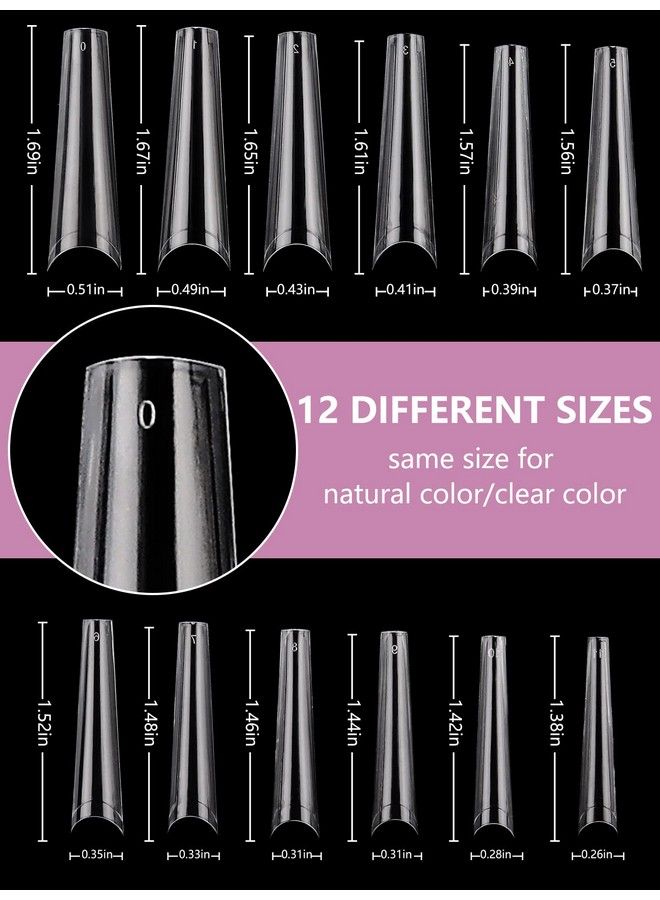 480Pcs Xxl Coffin Nails Tips Extra Long Acrylic Nails Natural & Clear Nail Tips For Acrylic Nails Professional Nail Tech 12 Sizes Half Cover Nail Tips And Glue With Boxes