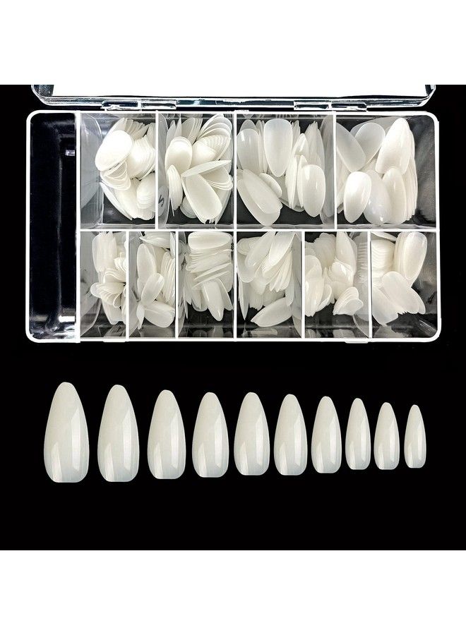 Natural Fullcover Stiletto 500 Artificial False Gel Nail Tips 10Sizes With Clear Plastic Case For Nail Salon Nail Shop (Natural)