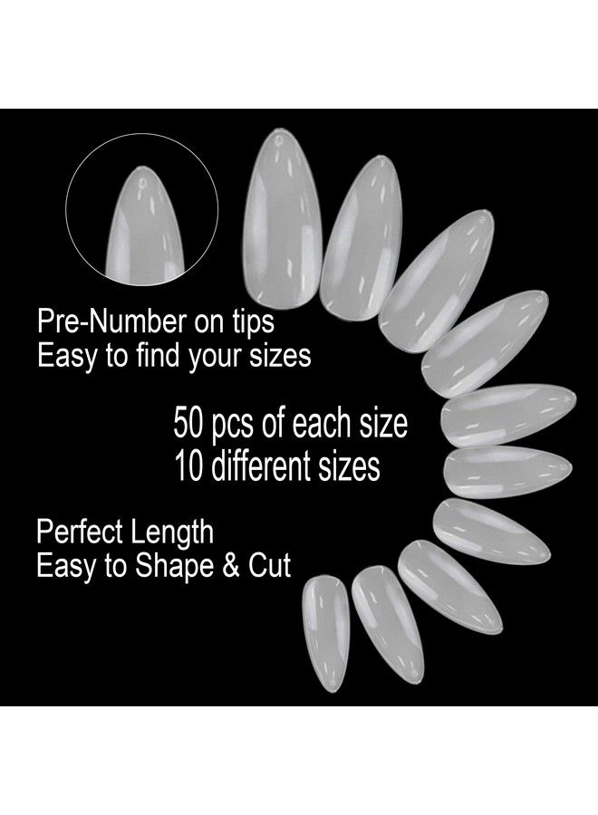 Natural Fullcover Stiletto 500 Artificial False Gel Nail Tips 10Sizes With Clear Plastic Case For Nail Salon Nail Shop (Natural)