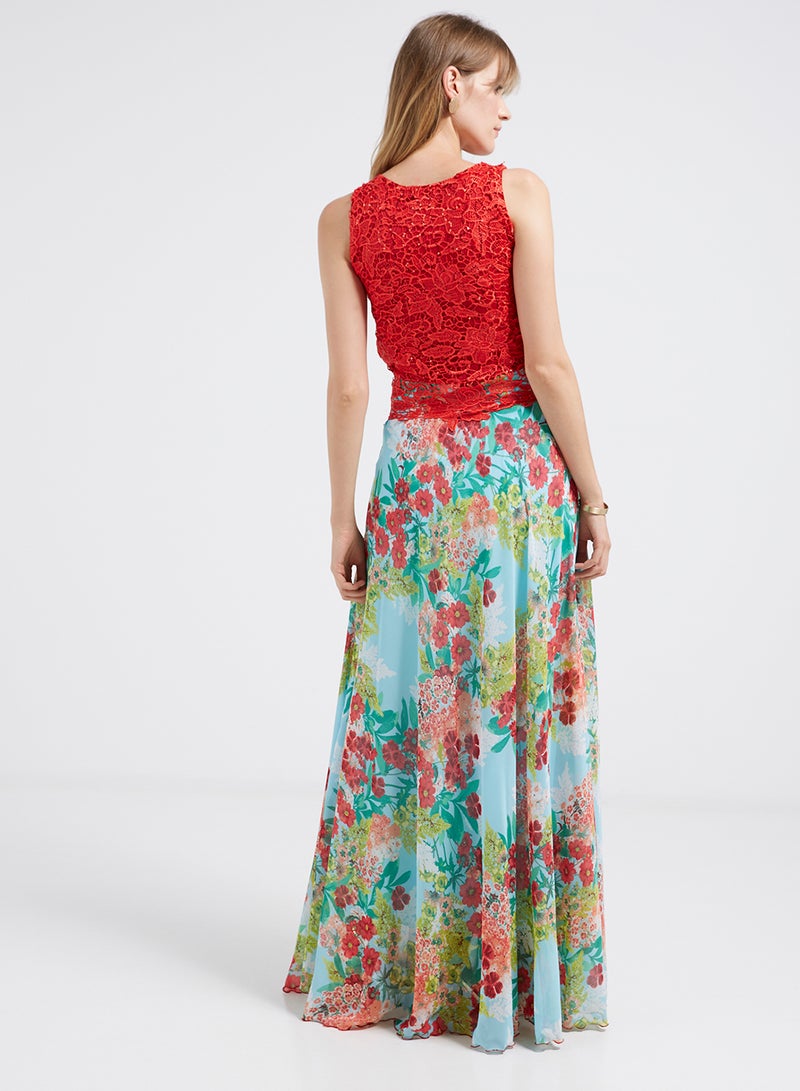 Lace Detailed Flared Hemline Maxi Dress Multicolour