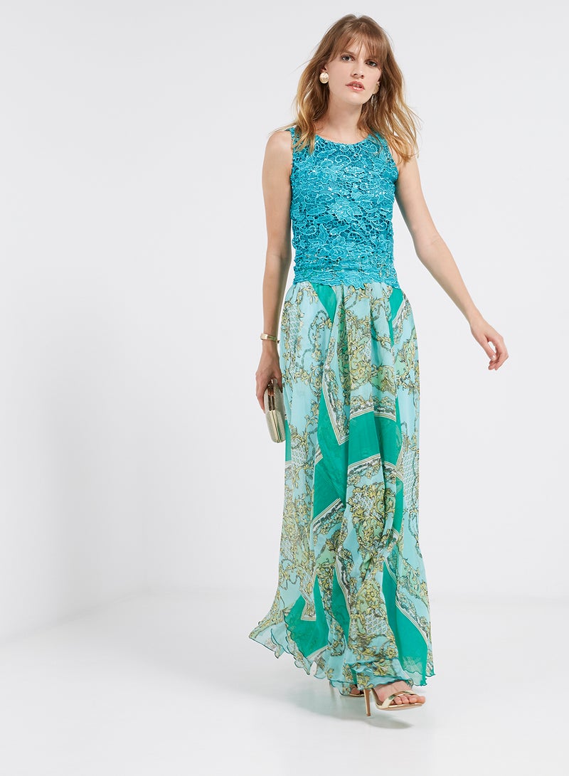 Lace Detailed Flared Hemline Maxi Dress Multicolour