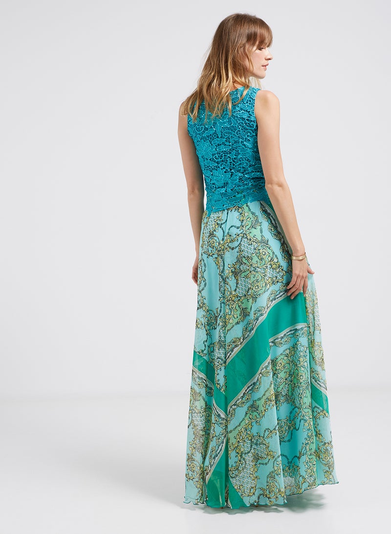 Lace Detailed Flared Hemline Maxi Dress Multicolour