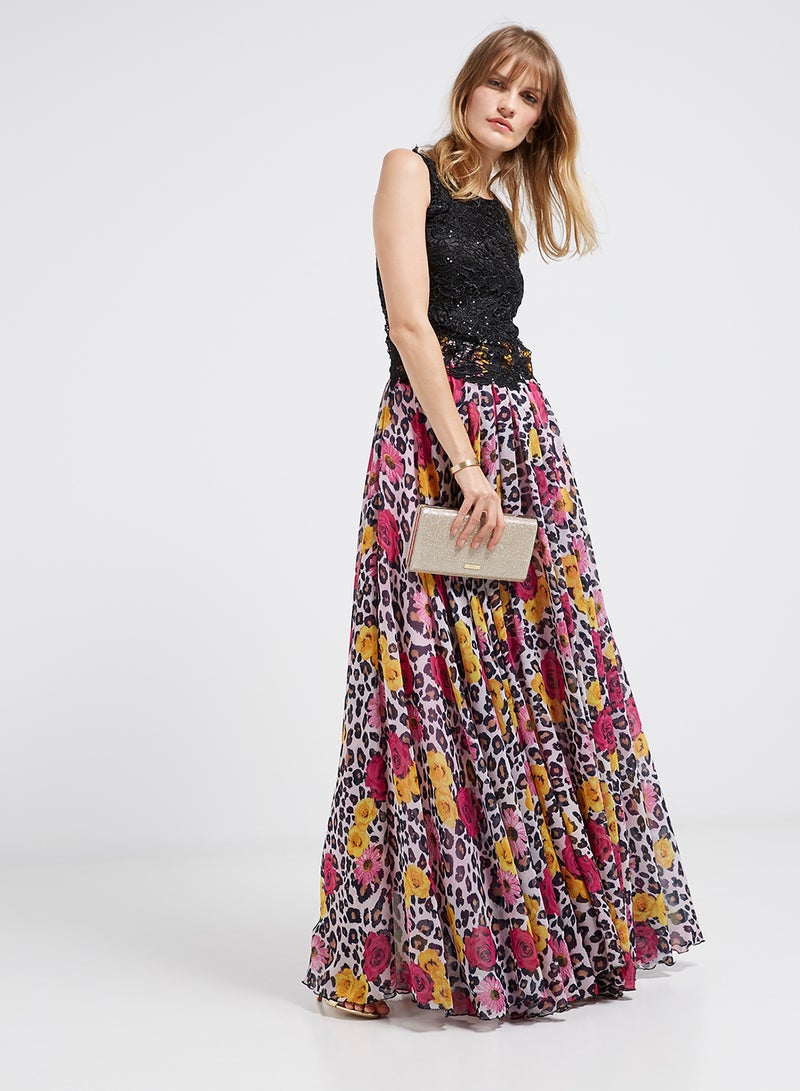 Lace Detailed Flared Hemline Maxi Dress Multicolour