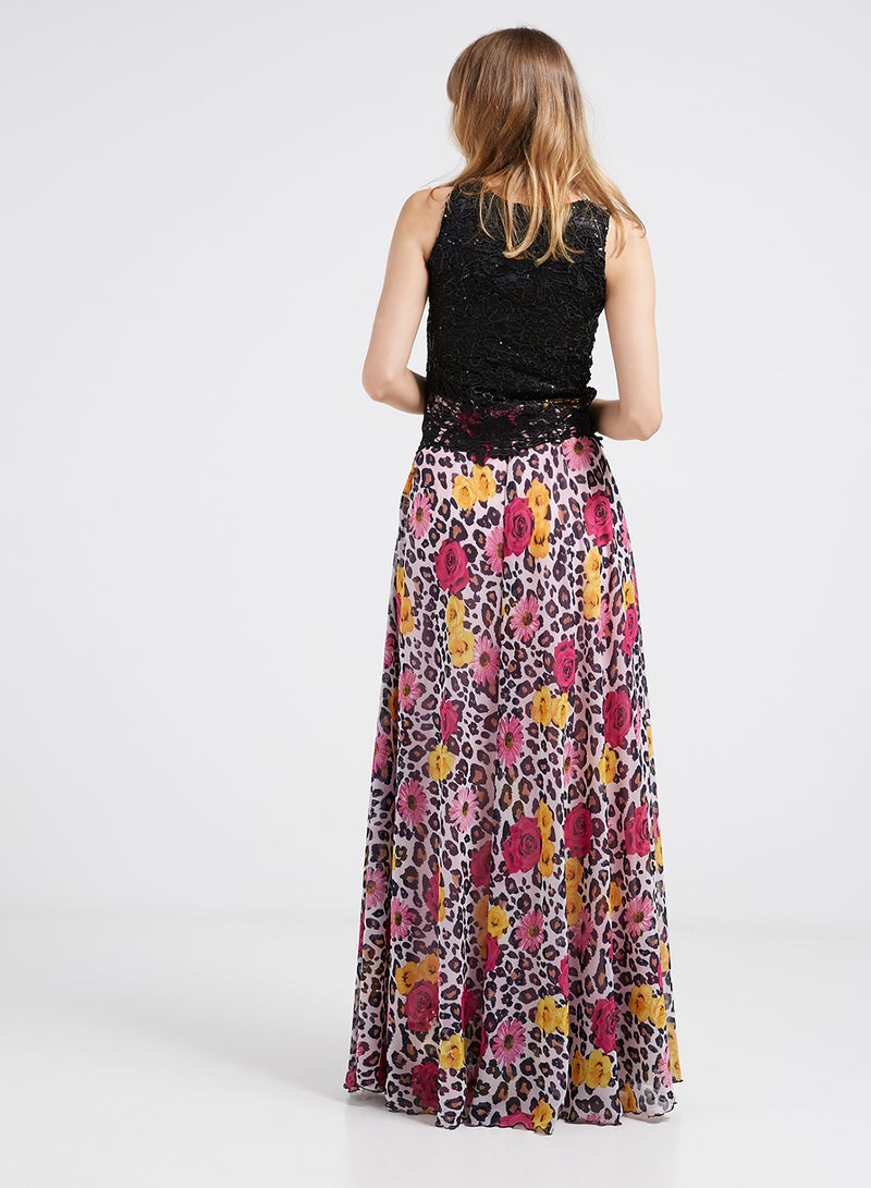 Lace Detailed Flared Hemline Maxi Dress Multicolour