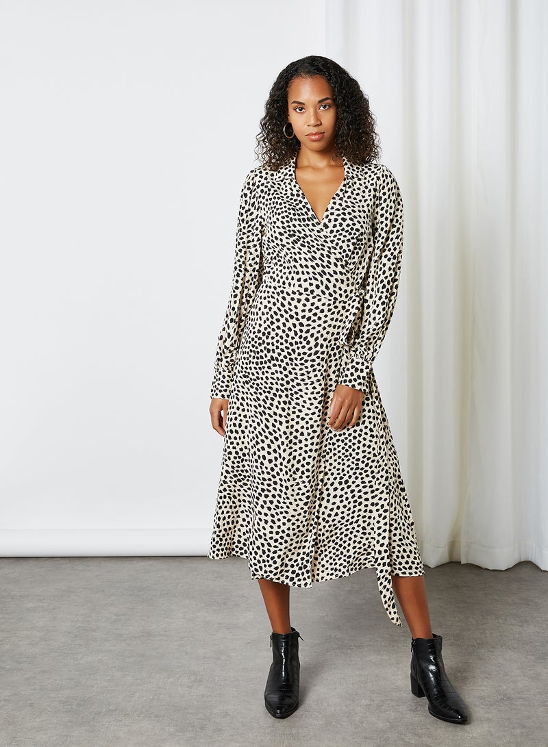 Dot Pattern Long Sleeve Midi Dress Beige Check